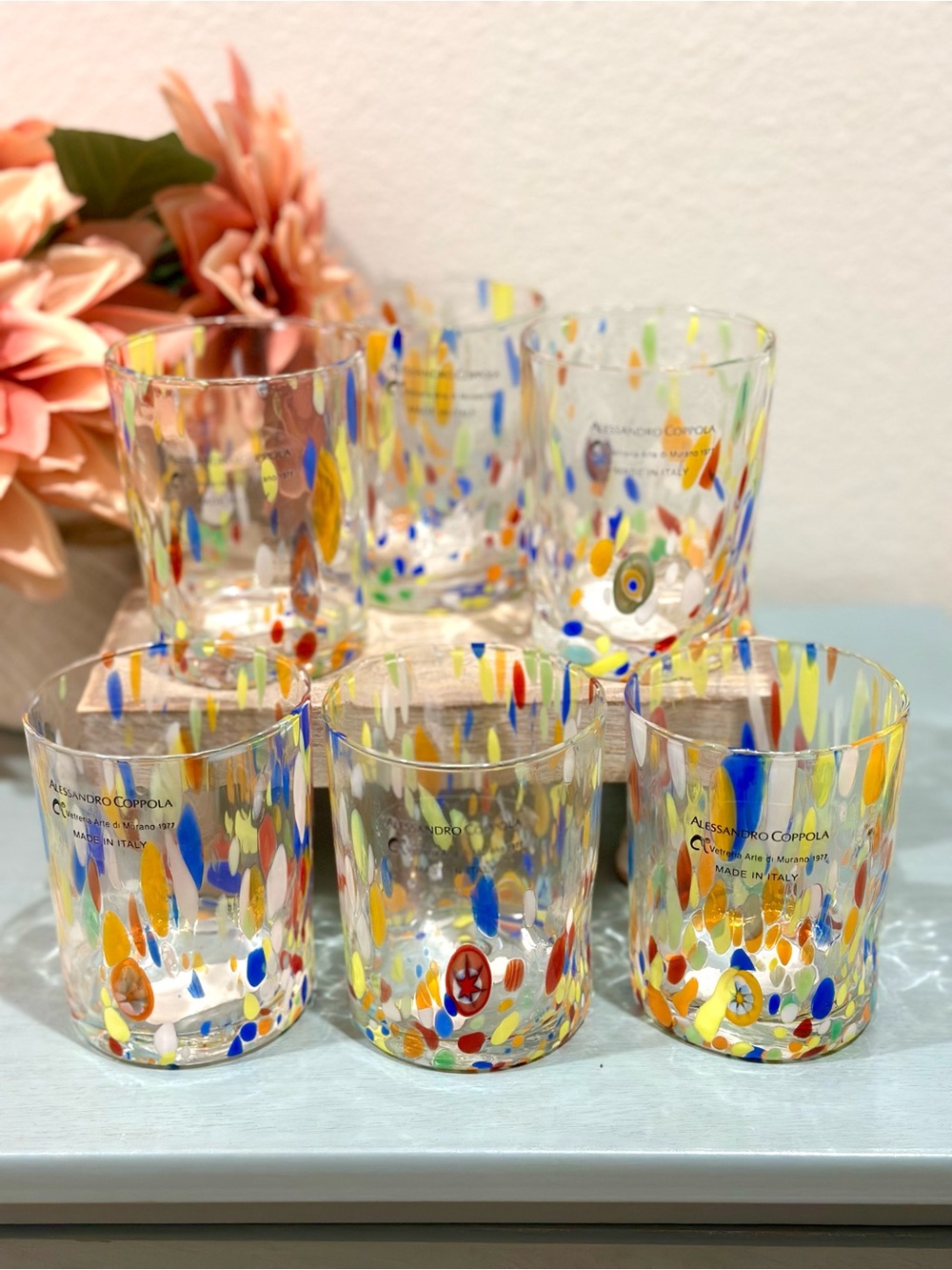 Murano Italy Alessandro Coppola Colorful Confetti Dimpled Tumbler Glass 4" Set-6